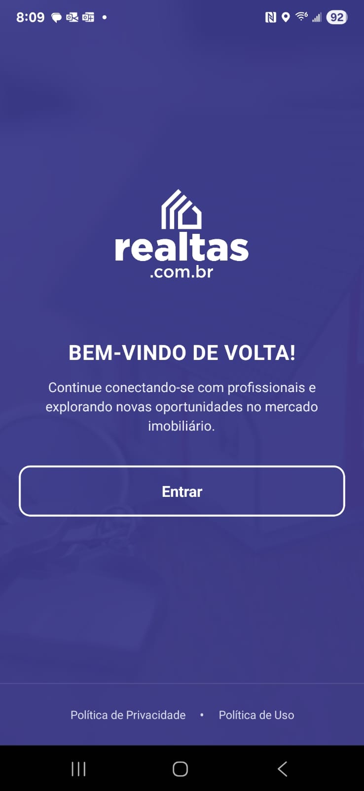 Tela Inicial do App Realtas